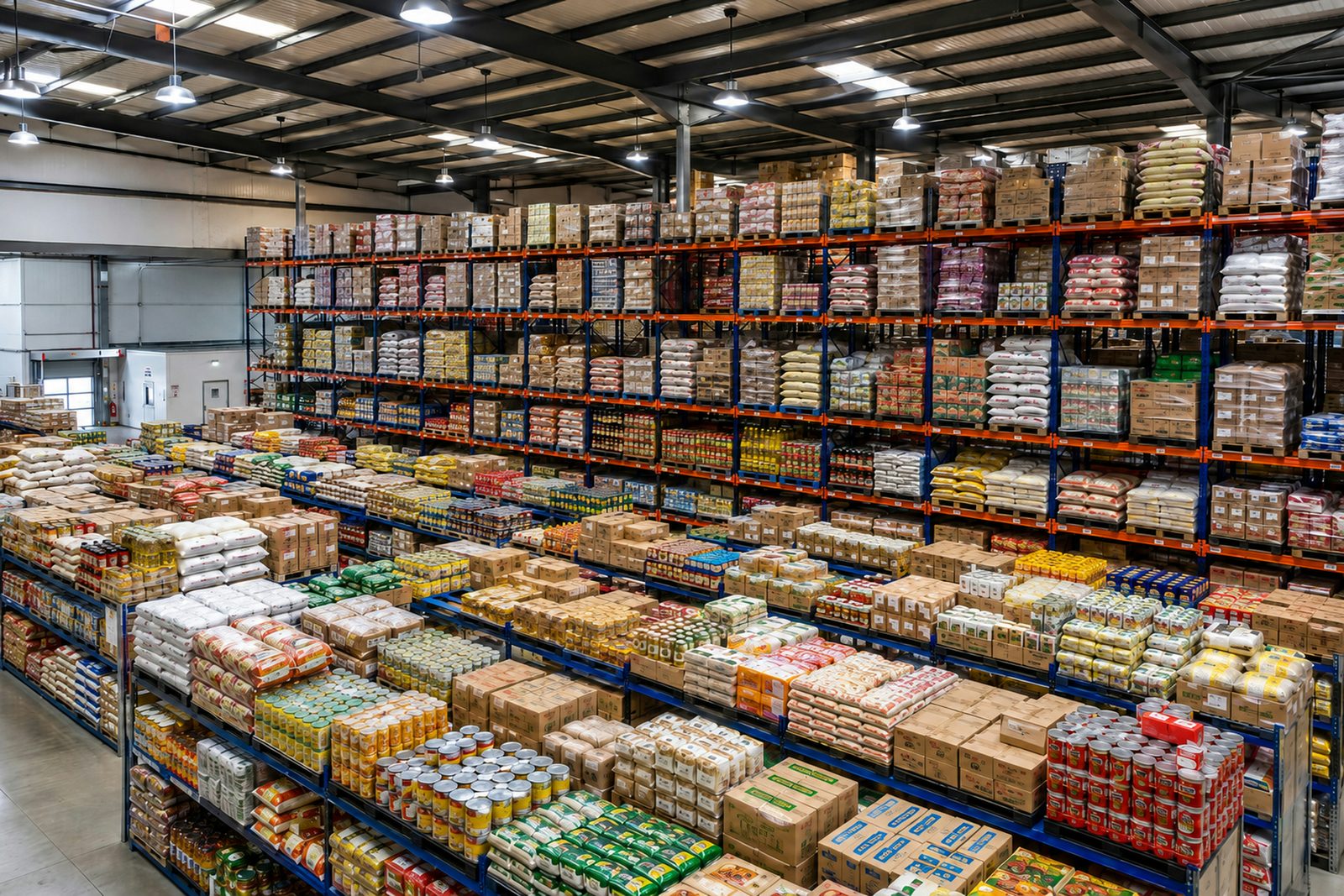 Long aisles of packaged food in a distribution warehouse