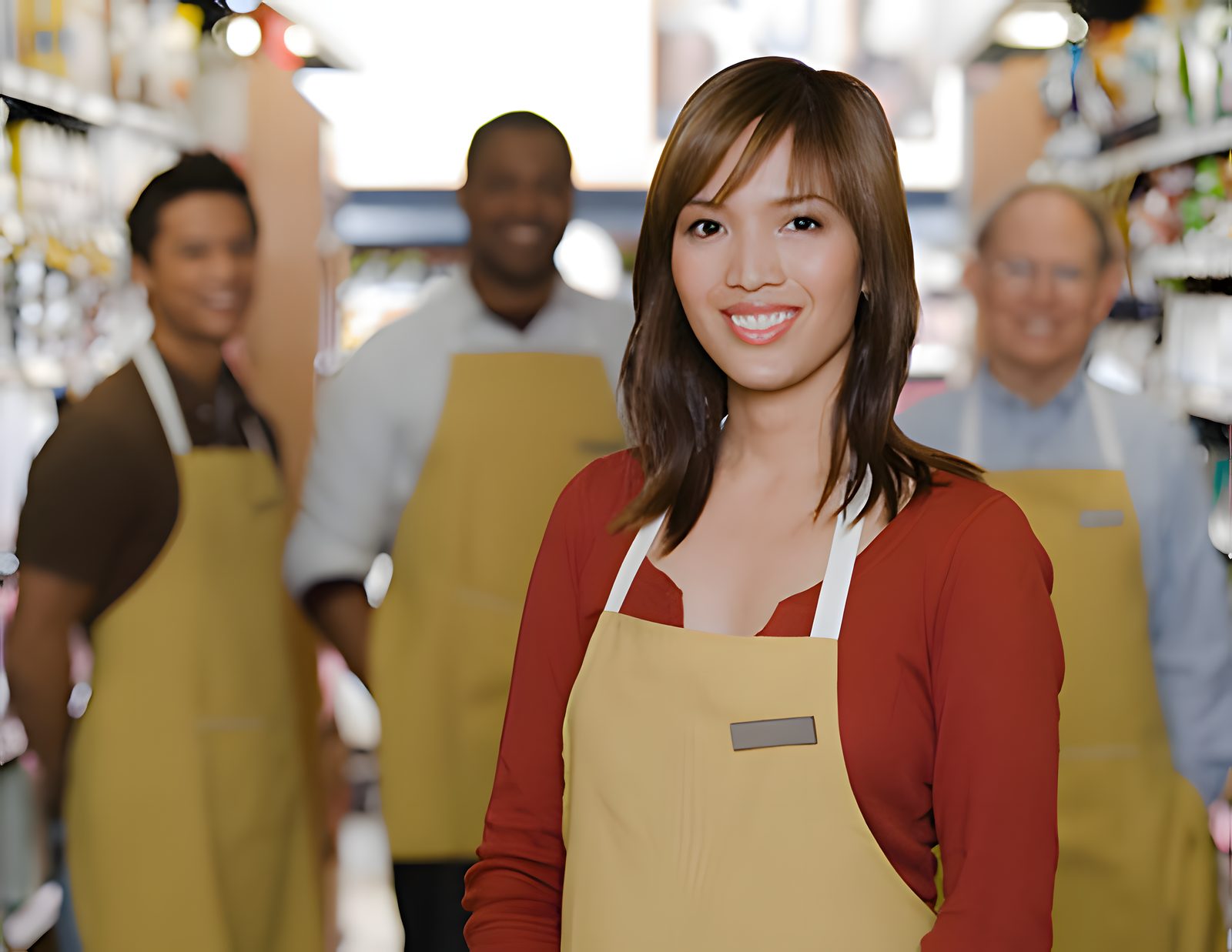 Smiling grocery store staff in aprons