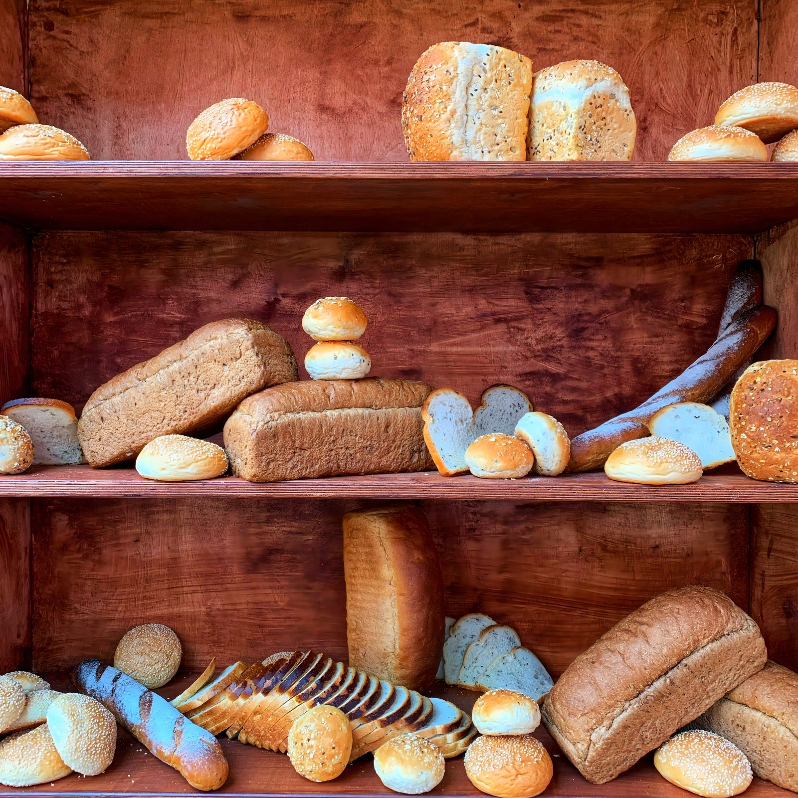 Fresh bread and baked goods on wooden bakery shelves